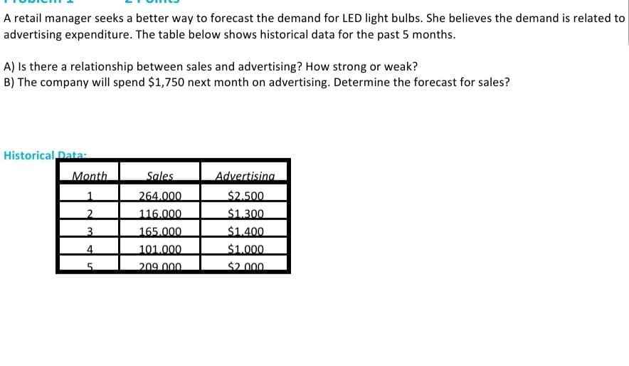 A retail manager seeks a better way to forecast the demand for LED light bulbs. She believes the demand is related to
advertising expenditure. The table below shows historical data for the past 5 months.
A) Is there a relationship between sales and advertising? How strong or weak?
B) The company will spend $1,750 next month on advertising. Determine the forecast for sales?
Historical Data:
Month
2
3
4
5
Sales
264.000
116.000
165.000
101.000
209.000
Advertising
$2.500
$1.300
$1.400
$1.000
$2.000