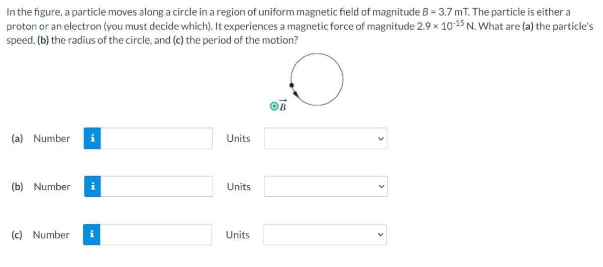 In the figure, a particle moves along a circle in a region of uniform magnetic field of magnitude B = 3.7 mT. The particle is either a
proton or an electron (you must decide which). It experiences a magnetic force of magnitude 2.9 × 10-15 N. What are (a) the particle's
speed, (b) the radius of the circle, and (c) the period of the motion?
B
(a) Number i
Units
(b) Number i
Units
(c) Number
i
Units