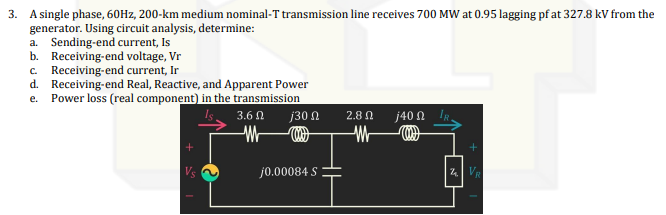 3. A single phase, 60Hz, 200-km medium nominal-T transmission line receives 700 MW at 0.95 lagging pf at 327.8 kV from the
generator. Using circuit analysis, determine:
a. Sending-end current, Is
b. Receiving-end voltage, Vr
c. Receiving-end current, Ir
d. Receiving-end Real, Reactive, and Apparent Power
e. Power loss (real component) in the transmission
+
3.6
M
j30 n
j0.00084 S
2.8 Ω
M
j40 Ω
(04)
Z VR