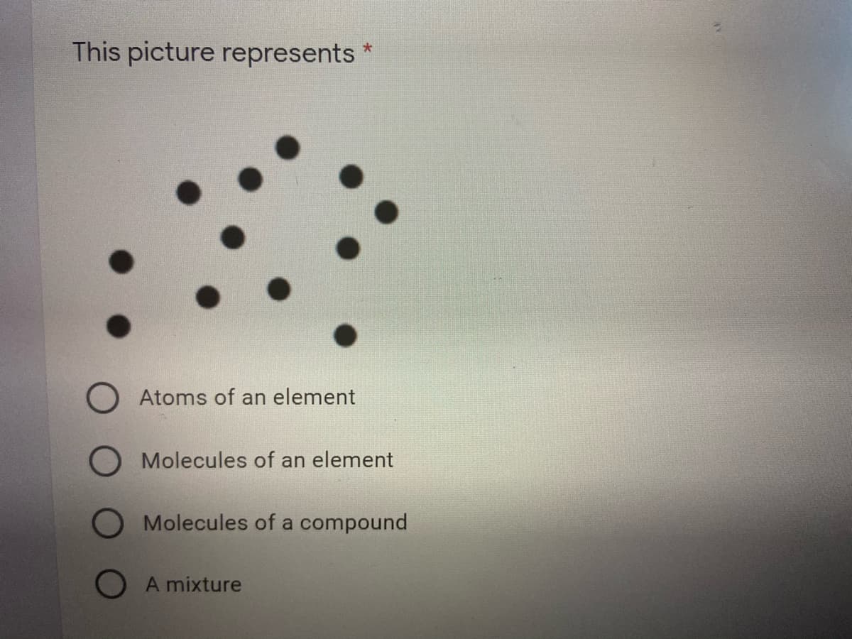 This picture represents
O Atoms of an element
O Molecules of an element
O Molecules of a compound
O A mixture
