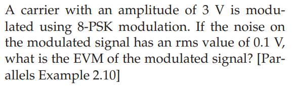 A carrier with an amplitude of 3 V is modu-
lated using 8-PSK modulation. If the noise on
the modulated signal has an rms value of 0.1 V,
what is the EVM of the modulated signal? [Par-
allels Example 2.10]
