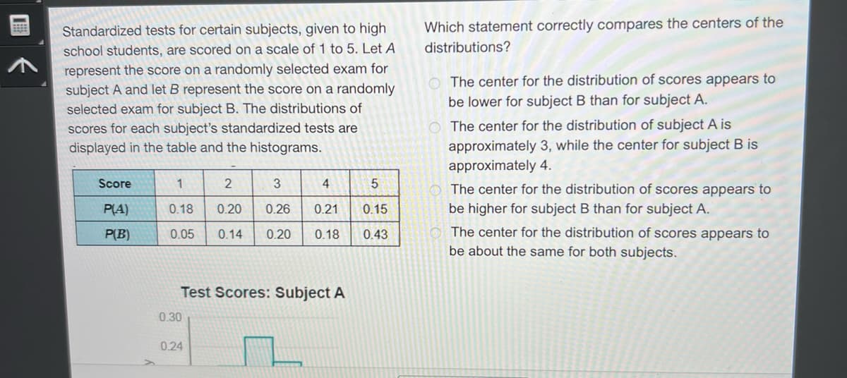 Standardized tests for certain subjects, given to high
school students, are scored on a scale of 1 to 5. Let A
represent the score on a randomly selected exam for
subject A and let B represent the score on a randomly
selected exam for subject B. The distributions of
scores for each subject's standardized tests are
displayed in the table and the histograms.
Score
P(A)
P(B)
1
2
0.18 0.20
0.05 0.14
Test Scores: Subject A
0.30
3
4
0.26
0.21
0.20 0.18
0.24
5
0.15
0.43
Which statement correctly compares the centers of the
distributions?
The center for the distribution of scores appears to
be lower for subject B than for subject A.
O The center for the distribution of subject A is
approximately 3, while the center for subject B is
approximately 4.
The center for the distribution of scores appears to
be higher for subject B than for subject A.
The center for the distribution of scores appears to
be about the same for both subjects.