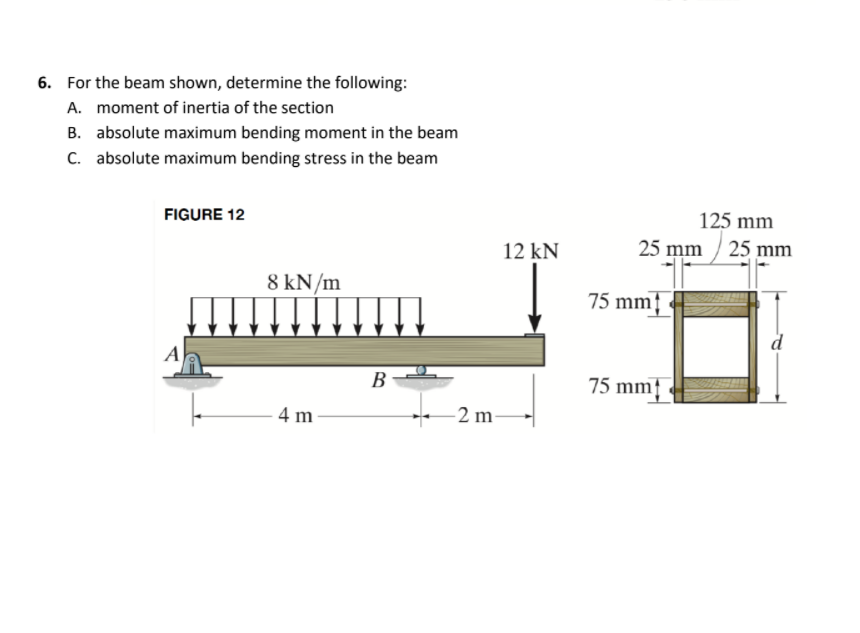 6. For the beam shown, determine the following:
A. moment of inertia of the section
B. absolute maximum bending moment in the beam
C. absolute maximum bending stress in the beam
FIGURE 12
125 mm
12 kN
25 mm / 25 mm
8 kN/m
75 mm
d
A
В
75 mm|
4 m
2 m
