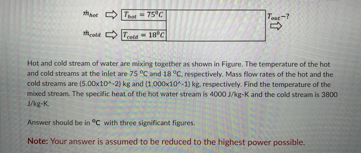 mrot Thot
75°C
Tout-?
mcold Tcotd = 18°C
%3D
Hot and cold stream of water are mixing together as shown in Figure. The temperature of the hot
and cold streams at the inlet are 75 °C and 18 °C, respectively. Mass flow rates of the hot and the
cold streams are (5.00x10^-2) kg and (1.000x10^-1) kg, respectively. Find the temperature of the
mixed stream. The specific heat of the hot water stream is 400O J/kg-K and the cold stream is 3800
J/kg-K.
Answer should be in °C with three significant figures.
Note: Your answer is assumed to be reduced to the highest power possible.
