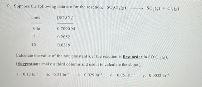 9. Suppose the following data are for the reaction: SO,CI, (g) S0,(g) + Cl, (g)
Time
[SO,CI,]
0 hr
0.7090 M
4.
0.2052
10
0.0319
Calculate the value of the rate constant k if the reaction is first order in SO,CI, (g).
(Suggestion: make a third column and use it to calculate the slope.)
a. 0.13 hr
b. 0,31 hr
c. 0.029 hr
d. 0.051 hr
e. 0.0032 hr
