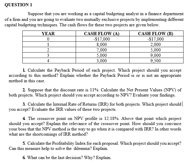 QUESTION 1
Suppose that you are working as a capital budgeting analyst in a finance department
of a firm and you are going to evaluate two mutually exclusive projects by implementing different
capital budgeting techniques. The cash flows for these two projects are given below.
CASH FLOW (A)
-$17,000
8,000
7,000
5,000
3,000
CASH FLOW (B)
-$17,000
2,000
5,000
9,000
9,500
YEAR
3
4
1 Calculate the Payback Period of each project. Which project should you accept
according to this method? Explain whether the Payback Period is or is not an appropriate
method in this case.
