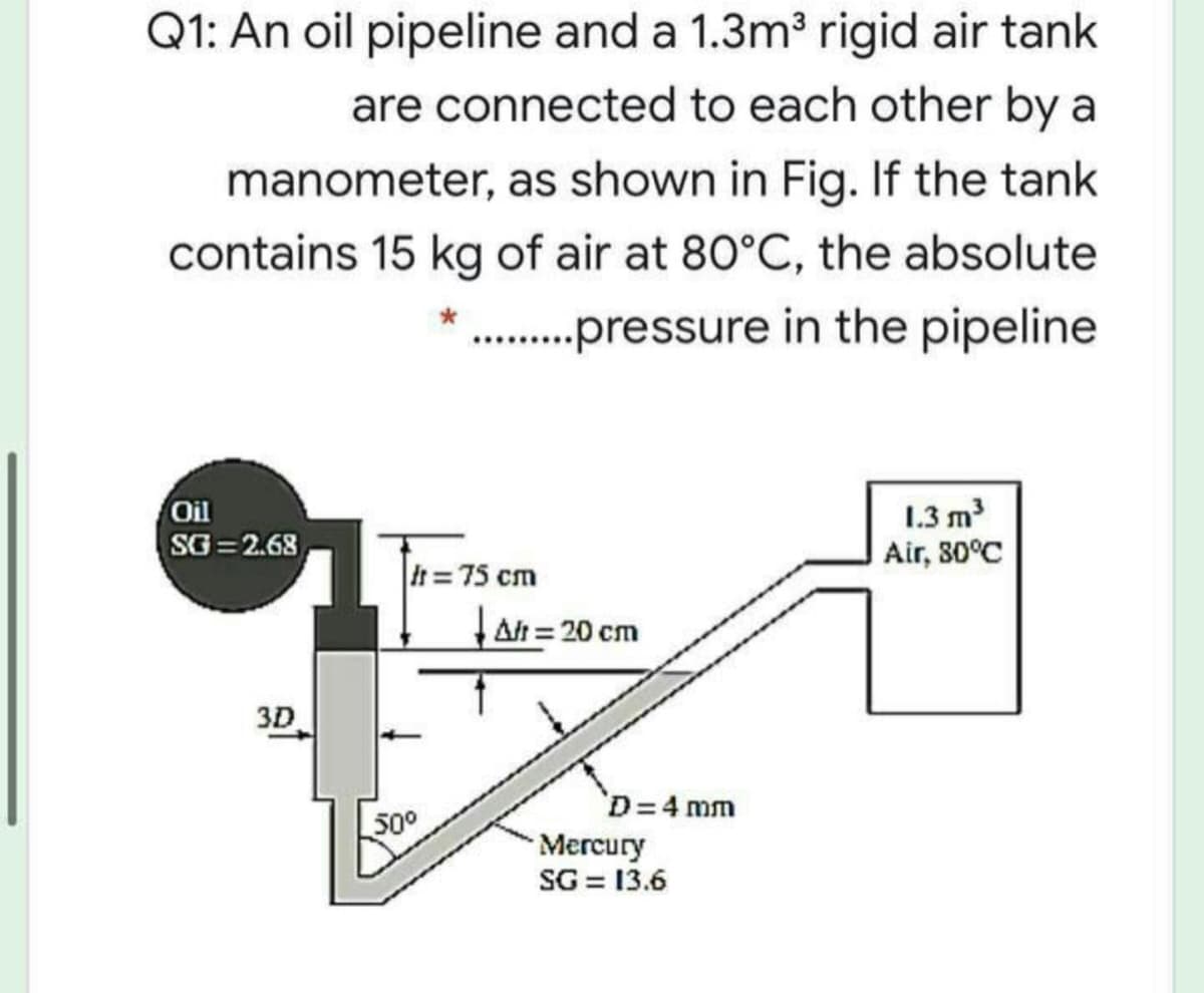 Q1: An oil pipeline and a 1.3m³ rigid air tank
are connected to each other by a
manometer, as shown in Fig. If the tank
contains 15 kg of air at 80°C, the absolute
. .pressure in the pipeline
Oil
1.3 m
Air, 30°C
SG=2.68,
It= 75 cm
Alt = 20 cm
3D
'D=4 mm
50°
Mercury
SG = 13.6
