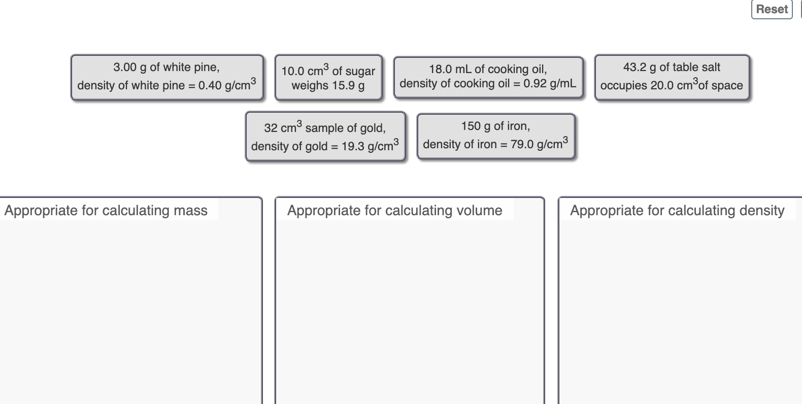 3.00 g of white pine,
43.2 g of table salt
density of white pine = 0.40 g/cm³
10.0 cm³ of sugar
weighs 15.9 g
18.0 mL of cooking oil,
density of cooking oil = 0.92 g/mL
occupies 20.0 cm°of space
32 cm³ sample of gold,
150 g of iron,
density of gold = 19.3 g/cm3
density of iron = 79.0 g/cm³
%3D
%3D
Appropriate for calculating mass
Appropriate for calculating volume
Appropriate for calculating density
