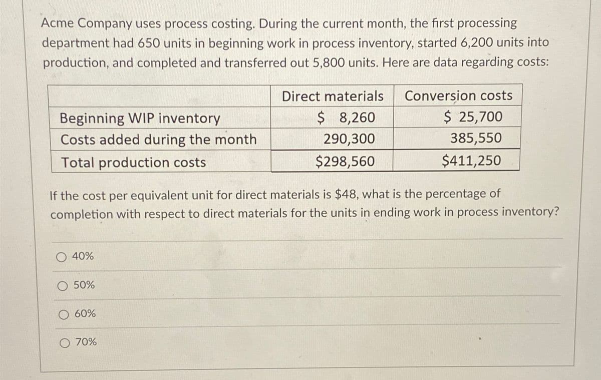 Acme Company uses process costing. During the current month, the first processing
department had 650 units in beginning work in process inventory, started 6,200 units into
production, and completed and transferred out 5,800 units. Here are data regarding costs:
Beginning WIP inventory
Costs added during the month
Total production costs
40%
If the cost per equivalent unit for direct materials is $48, what is the percentage of
completion with respect to direct materials for the units in ending work in process inventory?
50%
60%
Direct materials
$ 8,260
290,300
$298,560
O 70%
Conversion costs
$ 25,700
385,550
$411,250