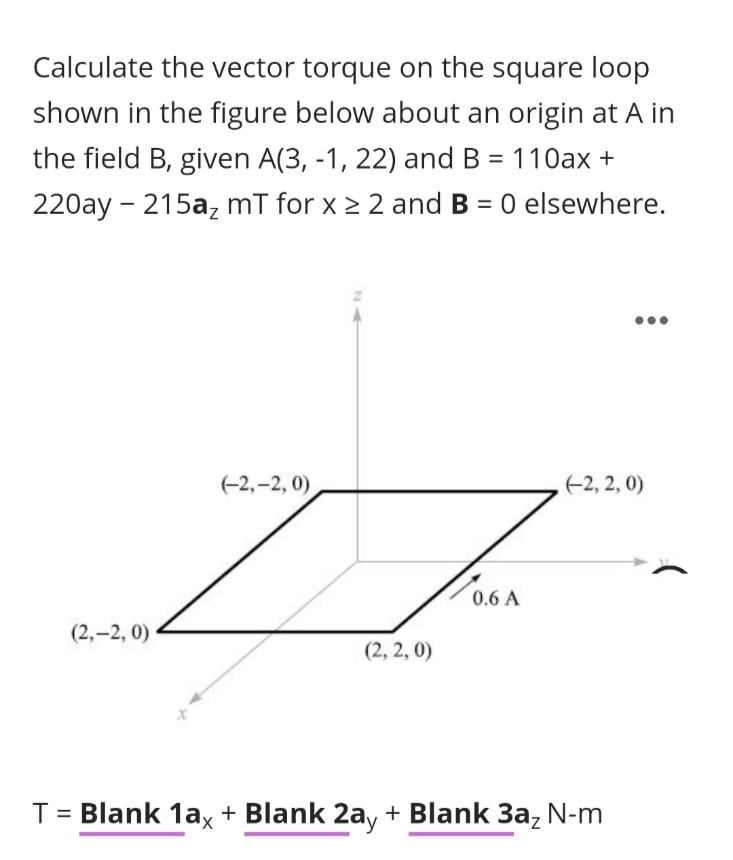 Calculate the vector torque on the square loop
shown in the figure below about an origin at A in
the field B, given A(3, -1, 22) and B = 110ax +
220ay - 215a, mT for x ≥ 2 and B = 0 elsewhere.
(-2,-2, 0)
(-2,2,0)
Face
0.6 A
(2,-2, 0)
(2,2,0)
T = Blank 1ax + Blank 2ay + Blank 3a₂ N-m
