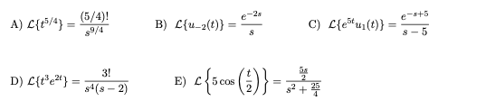 (5/4)!
A) L{t5/4} =
s9/4
-2s
e-s+5
B) L{u-2(t)}
C) L{e*u(t)}
s- 5
3!
D) L{t*e"} =
E) efso» ()}:
s4(s – 2)
cos
g² +
