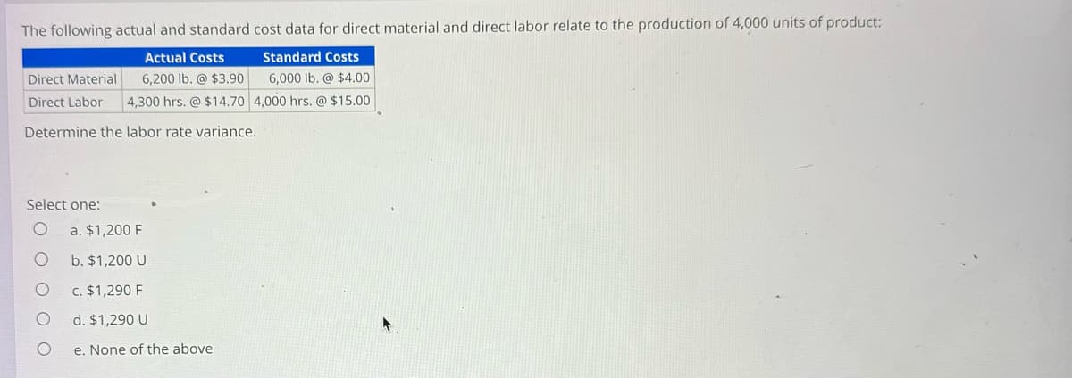 The following actual and standard cost data for direct material and direct labor relate to the production of 4,000 units of product:
Actual Costs
Standard Costs
6,200 lb. @ $3.90
6,000 lb. @ $4.00
Direct Material
Direct Labor 4,300 hrs. @ $14.70
4,000 hrs. @ $15.00
Determine the labor rate variance.
Select one:
a. $1,200 F
b. $1,200 U
c. $1,290 F
d. $1,290 U
e. None of the above