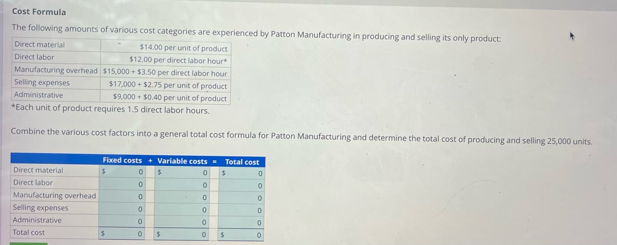 Cost Formula
The following amounts of various cost categories are experienced by Patton Manufacturing in producing and selling its only product:
Direct material
Direct labor
$14.00 per unit of product
$12.00 per direct labor hour*
Manufacturing overhead $15,000 + $3.50 per direct labor hour
Selling expenses
$17,000+ $2.75 per unit of product
Administrative
$9,000+ $0.40 per unit of product
*Each unit of product requires 1.5 direct labor hours.
Combine the various cost factors into a general total cost formula for Patton Manufacturing and determine the total cost of producing and selling 25,000 units.
Direct material
Direct labor
Manufacturing overhead
Selling expenses
Administrative
Total cost
Total cost
Fixed costs + Variable costs =
$
0
$
0
0
0
0
0
$
0 $
0
0
0
0
0
$
0
$
0
0
0
0
0