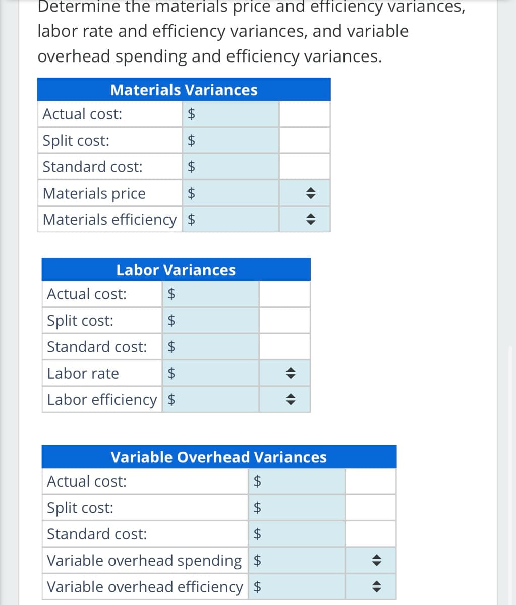 Determine the materials price and efficiency variances,
labor rate and efficiency variances, and variable
overhead spending and efficiency variances.
Materials Variances
Actual cost:
$
Split cost:
$
Standard cost:
$
Materials price
$
Materials efficiency $
Labor Variances
Actual cost:
$
Split cost:
$
Standard cost: $
Labor rate
Labor efficiency $
(▶
Actual cost:
$
Split cost:
$
Standard cost:
$
Variable overhead spending $
Variable overhead efficiency $
◄►
♦
Variable Overhead Variances
◄►
<