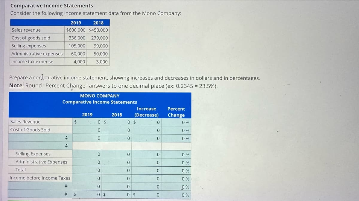Comparative Income Statements
Consider the following income statement data from the Mono Company:
Sales revenue
Cost of goods sold
Selling expenses
Administrative expenses
Income tax expense
2019 2018
$600,000 $450,000
336,000 279,000
105,000
99,000
60,000 50,000
4,000
3,000
Prepare a contparative income statement, showing increases, and decreases in dollars and in percentages.
Note: Round "Percent Change" answers to one decimal place (ex: 0.2345 = 23.5%).
Sales Revenue
Cost of Goods Sold
MONO COMPANY
Comparative Income Statements
♦
Selling Expenses
Administrative Expenses
Total
Income before Income Taxes
◆
→
$
$
2019
0 $
0
0
0
0
oooo
0
0 $
2018
Increase
(Decrease)
0 $
0
0
0
0
0
0
0
0 $
0
0
0
0
0
0
0
0
0
Percent
Change
0%
0%
0%
0%
0%
0%
0%
0%
0 %