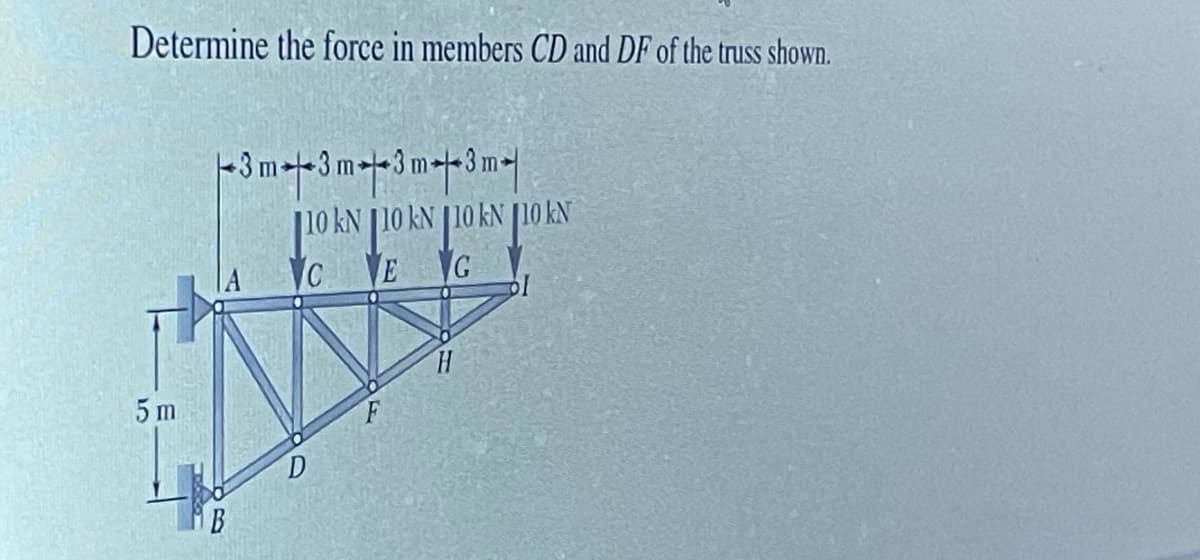Determine the force in members CD and DF of the truss shown.
3m 3m-
|10 kN |10 kN |10 kN [10 kN
G
CVE
5 m
D
B

