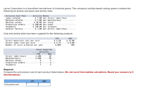 Larner Corporation is a diversified manufacturer of industrial goods. The company's activity-based costing system contains the
following six activity cost pools and activity rates:
Activity Cost Pool
Labor-related
Machine-related
Machine setups
Production orders
Shipments
General factory
Activity Rates
$ 7.00 per direct labor-hour
$7.00 per nachine-hour
$30.00 per setup
$ 200.00 per order
$140.00 per shipment
$7.00 per direct labor-hour
Cost and activity data have been supplied for the following products:
Direct materials cost per unit
Direct labor cost per unit
Number of units produced per year
Total Expected
Activity
378
852
Direct labor-hours
1,200
30
Machine-hours
2,200
50
Machine setups
6
1
Production orders
5
1
7
378
$ 5.50
$ 4.75
4,000
852
$32.00
$ 9.00
100
Shipments
Required:
Compute the unit product cost of each product listed above. (Do not round intermediate calculations. Round your answers to 2
decimal places.)
J78
B52
Unit product cost