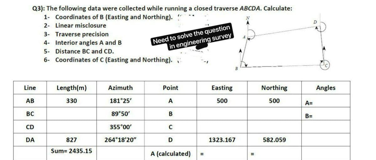 Q3): The following data were collected while running a closed traverse ABCDA. Calculate:
1- Coordinates of B (Easting and Northing). "
2- Linear misclosure
3- Traverse precision
4- Interior angles A and B
Need to solve the question
in engineering survey
5- Distance BC and CD.
6- Coordinates of C (Easting and Northing).
Line
Length(m)
Azimuth
Point
Easting
Northing
Angles
AB
330
181°25'
A
500
500
A=
BC
89°50'
B=
CD
355°00'
C
DA
827
264°18'20"
D
1323.167
582.059
Sum= 2435.15
A (calculated)
3D
%3D

