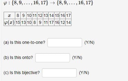 {8,9,..., 16, 17} → {8, 9, ..., 16, 17}
x 8 9 10 11 12 13 14 15 16 17
(x) 15 13 10 8 9 11 17 16 12 14
(a) Is this one-to-one?
(b) Is this onto?
(c) Is this bijective?
(Y/N)
(Y/N)
(Y/N)