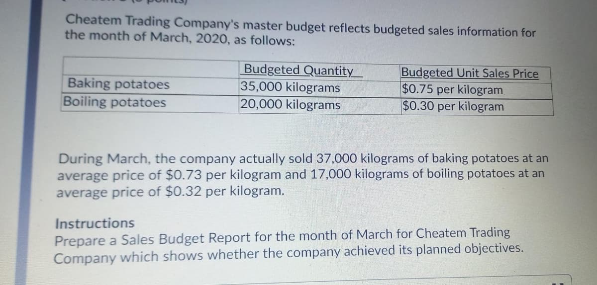 Cheatem Trading Company's master budget reflects budgeted sales information for
the month of March, 2020, as follows:
Budgeted Quantity
35,000 kilograms
20,000 kilograms
Budgeted Unit Sales Price
Baking potatoes
Boiling potatoes
$0.75
per kilogram
$0.30 per kilogram
During March, the company actually sold 37,000 kilograms of baking potatoes at an
average price of $0.73 per kilogram and 17,000 kilograms of boiling potatoes at an
average price of $0.32 per kilogram.
Instructions
Prepare a Sales Budget Report for the month of March for Cheatem Trading
Company which shows whether the company achieved its planned objectives.
