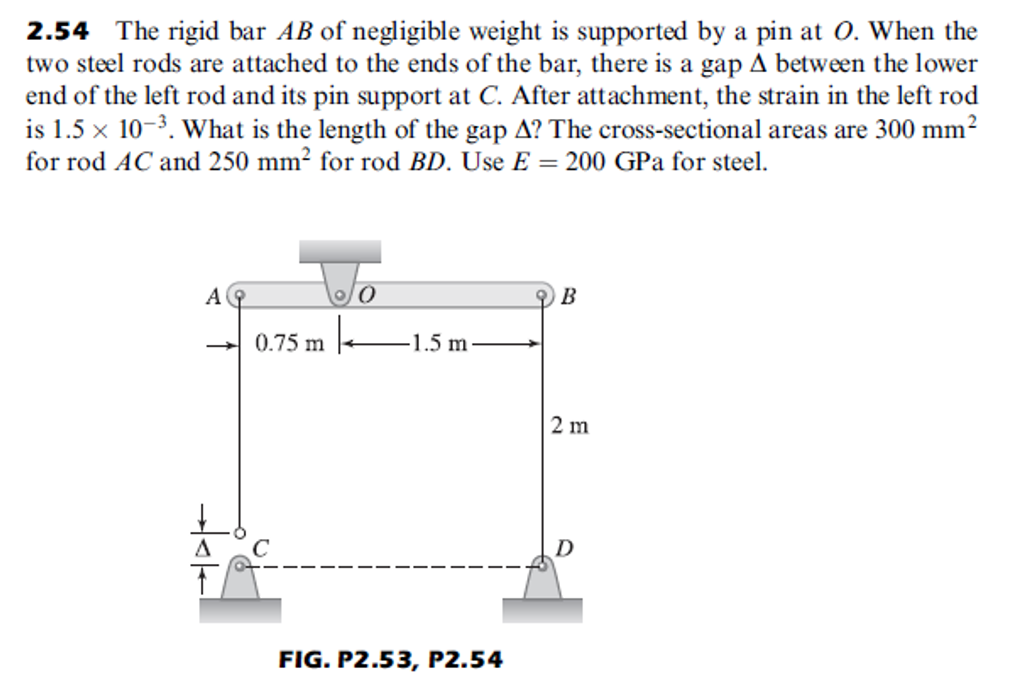 2.54 The rigid bar AB of negligible weight is supported by a pin at 0. When the
two steel rods are attached to the ends of the bar, there is a gap A between the lower
end of the left rod and its pin support at C. After attachment, the strain in the left rod
is 1.5 x 10-3. What is the length of the gap A? The cross-sectional areas are 300 mm?
for rod AC and 250 mm² for rod BD. Use E = 200 GPa for steel.
A
B
0.75 m
-1.5 m
2 m
FIG. P2.53, P2.54
