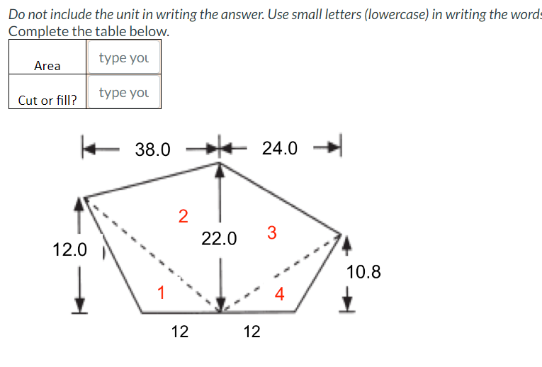 Do not include the unit in writing the answer. Use small letters (lowercase) in writing the words
Complete the table below.
type you
type you
Area
Cut or fill?
12.0
38.0
1
2
12
22.0
12
24.0
3
4
T
10.8