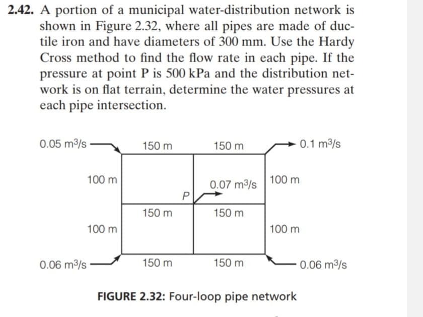 2.42. A portion of a municipal water-distribution network is
shown in Figure 2.32, where all pipes are made of duc-
tile iron and have diameters of 300 mm. Use the Hardy
Cross method to find the flow rate in each pipe. If the
pressure at point P is 500 kPa and the distribution net-
work is on flat terrain, determine the water pressures at
each pipe intersection.
0.05 m3/s-
150 m
150 m
0.1 m3/s
100 m
100 m
0.07 m3/s
P
150 m
150 m
100 m
100 m
0.06 m3/s
150 m
150 m
0.06 m3/s
FIGURE 2.32: Four-loop pipe network
