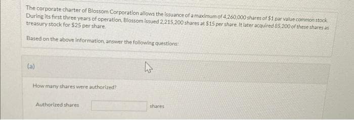 The corporate charter of Blossom Corporation allows the issuance of a maximum of 4,260,000 shares of $1 par value common stock.
During its first three years of operation, Blossom issued 2,215,200 shares at $15 per share. It later acquired 85,200 of these shares as
treasury stock for $25 per share.
Based on the above information, answer the following questions:
(a)
How many shares were authorized?
Authorized shares i
shares