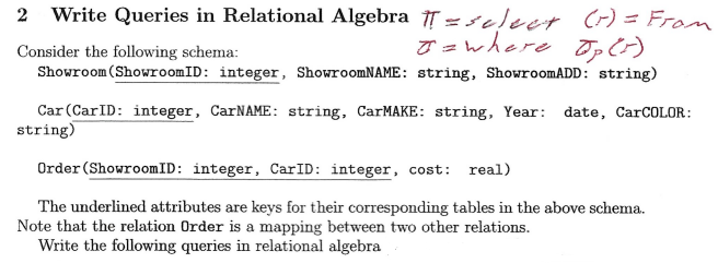 Write Queries in Relational Algebra =<leer (r) = From
T =where Op()
Consider the following schema:
Showroom (ShowroomID: integer, ShowroomNAME: string, ShowroomADD: string)
Car (CarID: integer, CarNAME: string, CarMAKE: string, Year: date, CarCOLOR:
string)
Order (ShowroomID: integer, CarID: integer, cost: real)
The underlined attributes are keys for their corresponding tables in the above schema.
Note that the relation Order is a mapping between two other relations.
Write the following queries in relational algebra
