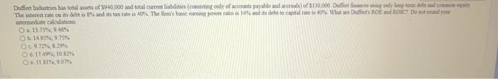 Duffern Industnes has total asets of $940.000 and total cumnt liablities (consusting only of accounts payahle and accrual) of S130,000 Dulert finances unng oly king delt ad common quy
The nterest ate on its debt is % and its taK te in 40 The fim's banic earmng powe atio 14% and its debt to capital rate is 40% What are Dudiets ROE d ROIC De sot roatul your
iatermeduate calculations
Oa 13.75 94ON
Ob1495N975%
Oc9.7229ns
Oa 174, 10.82
