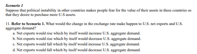 Scenario 1
Suppose that political instability in other countries makes people fear for the value of their assets in these countries so
that they desire to purchase more U.S assets.
11. Refer to Scenario 1. What would the change in the exchange rate make happen to U.S. net exports and U.S.
aggregate demand?
a. Net exports would rise which by itself would increase U.S. aggregate demand.
b. Net exports would rise which by itself would decrease U.S. aggregate demand.
c. Net exports would fall which by itself would increase U.S. aggregate demand.
d. Net exports would fall which by itself would decrease U.S. aggregate demand.