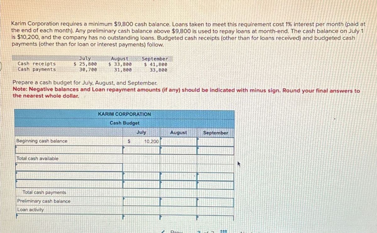 Karim Corporation requires a minimum $9,800 cash balance. Loans taken to meet this requirement cost 1% interest per month (paid at
the end of each month). Any preliminary cash balance above $9,800 is used to repay loans at month-end. The cash balance on July 1
is $10,200, and the company has no outstanding loans. Budgeted cash receipts (other than for loans received) and budgeted cash
payments (other than for loan or interest payments) follow.
Cash receipts
Cash payments
July
$ 25,800
30,700
August
$ 33,800
31,800
September
$ 41,800
33,800
Prepare a cash budget for July, August, and September.
Note: Negative balances and Loan repayment amounts (if any) should be indicated with minus sign. Round your final answers to
the nearest whole dollar.
Beginning cash balance
Total cash available
Total cash payments
Preliminary cash balance
Loan activity
KARIM CORPORATION
Cash Budget
July
August
September
$
10,200
Prov
