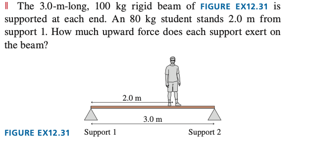 The 3.0-m-long, 100 kg rigid beam of FIGURE EX12.31 is
supported at each end. An 80 kg student stands 2.0 m from
support 1. How much upward force does each support exert on
the beam?
FIGURE EX12.31
Support 1
2.0 m
3.0 m
Support 2