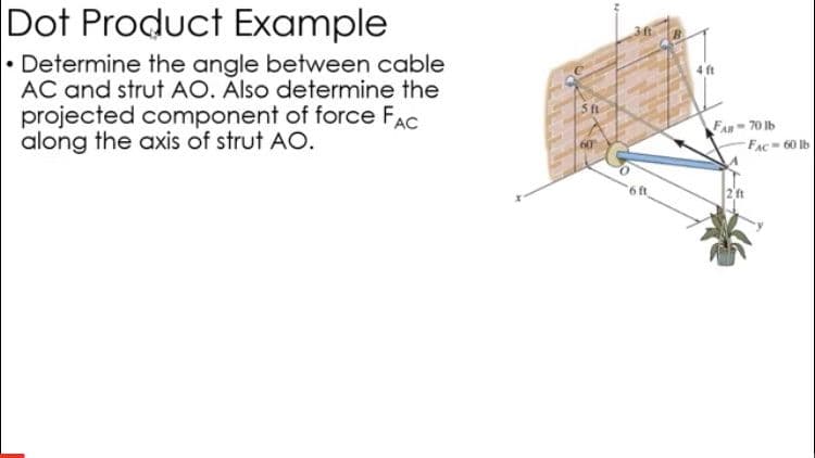 Dot Product Example
• Determine the angle between cable
AC and strut AO. Also determine the
projected component of force FAC
along the axis of strut AO.
FAR 70 Ib
FAC 60 Ib
60
6ft
