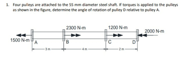 1. Four pulleys are attached to the 55 mm diameter steel shaft. If torques is applied to the pulleys
as shown in the figure, determine the angle of rotation of pulley D relative to pulley A.
2300 N-m
1200 N-m
2000 N-m
1500 N-m
C
D
4 m
2 m
