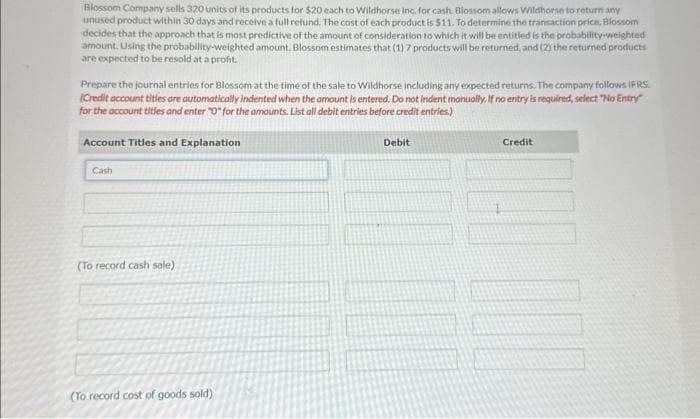 Blossom Company sells 320 units of its products for $20 each to Wildhorse inc. for cash. Blossom allows Wildhorse to return any
unused product within 30 days and receive a full refund. The cost of each product is $11. To determine the transaction price, Blossom
decides that the approach that is most predictive of the amount of consideration to which it will be entitled is the probability weighted
amount. Using the probability-weighted amount. Blossom estimates that (1) 7 products will be returned, and (2) the returned products
are expected to be resold at a profit.
Prepare the journal entries for Blossom at the time of the sale to Wildhorse including any expected returns. The company follows IFRS.
(Credit account titles are automatically indented when the amount is entered. Do not indent manually. If no entry is required, select "No Entry"
for the account titles and enter "0" for the amounts. List all debit entries before credit entries.)
Account Titles and Explanation
Cash
(To record cash sale)
(To record cost of goods sold).
Debit
Credit