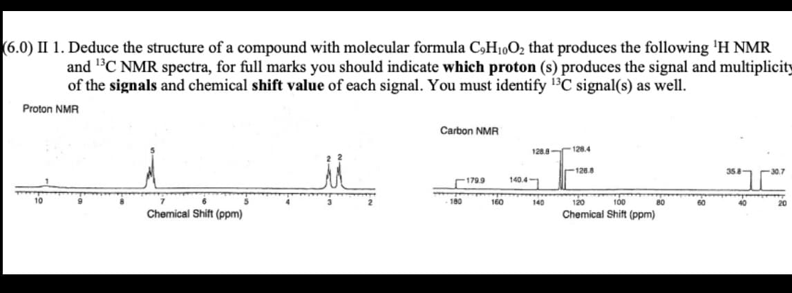 (6.0) II 1. Deduce the structure of a compound with molecular formula C,H1,O2 that produces the following 'H NMR
and 'C NMR spectra, for full marks you should indicate which proton (s) produces the signal and multiplicity
of the signals and chemical shift value of each signal. You must identify 13C signal(s) as well.
Proton NMR
Carbon NMR
128.8 r128.4
126.8
35.8-
179.9
140.4-
10
180
160
140
120
100
80
60
40
20
Chemical Shift (ppm)
Chemical Shift (ppm)
