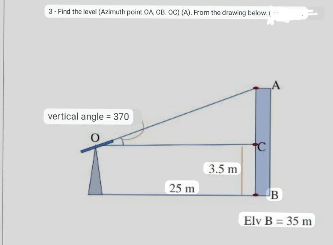 3 - Find the level (Azimuth point OA, OB. OC) (A). From the drawing below. (
A
vertical angle = 370
25 m
3.5 m
B
Elv B = 35 m