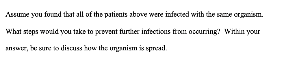 Assume you found that all of the patients above were infected with the same organism.
What steps would you take to prevent further infections from occurring? Within your
answer, be sure to discuss how the organism is spread.