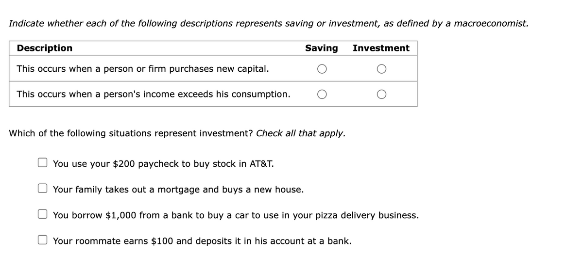 Indicate whether each of the following descriptions represents saving or investment, as defined by a macroeconomist.
Saving Investment
Description
This occurs when a person or firm purchases new capital.
This occurs when a person's income exceeds his consumption.
Which of the following situations represent investment? Check all that apply.
You use your $200 paycheck to buy stock in AT&T.
Your family takes out a mortgage and buys a new house.
You borrow $1,000 from a bank to buy a car to use in your pizza delivery business.
Your roommate earns $100 and deposits it in his account at a bank.