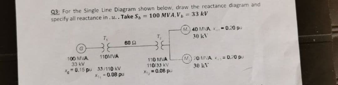 Q3: For the Single Line Diagram shown below, draw the reactance diagram and
specify all reactance in . u.. Take Sb = 100 MVA, V = 33 kV
M.) 40 MVA. x,-0.20 pu
30 kV
T₁
60 22
G
38
110MVA
100 MVA.
33 kV
= 0.15 pu
110 MVA
110/33 kV
(M) 20 MVA * = 0.20 pu
30 kV
33/110 kV
X₁, -0.08 pu
x=
XT2
= 0.08 pu