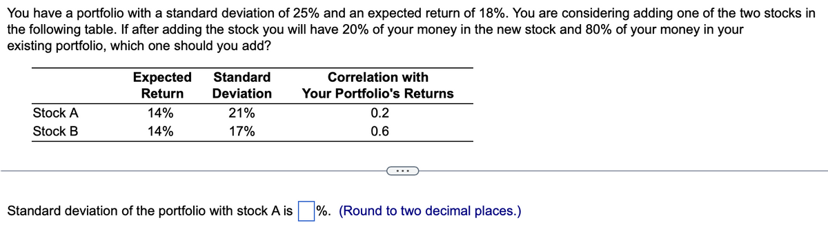 You have a portfolio with a standard deviation of 25% and an expected return of 18%. You are considering adding one of the two stocks in
the following table. If after adding the stock you will have 20% of your money in the new stock and 80% of your money in your
existing portfolio, which one should you add?
Stock A
Stock B
Expected
Return
14%
14%
Standard
Deviation
21%
17%
Standard deviation of the portfolio with stock A is
Correlation with
Your Portfolio's Returns
0.2
0.6
%. (Round to two decimal places.)