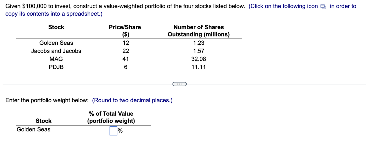Given $100,000 to invest, construct a value-weighted portfolio of the four stocks listed below. (Click on the following icon in order to
copy its contents into a spreadsheet.)
Stock
Golden Seas
Jacobs and Jacobs
MAG
PDJB
Price/Share
($)
12
22
41
6
Stock
Golden Seas
Number of Shares
Outstanding (millions)
Enter the portfolio weight below: (Round to two decimal places.)
% of Total Value
(portfolio weight)
1.23
1.57
32.08
11.11