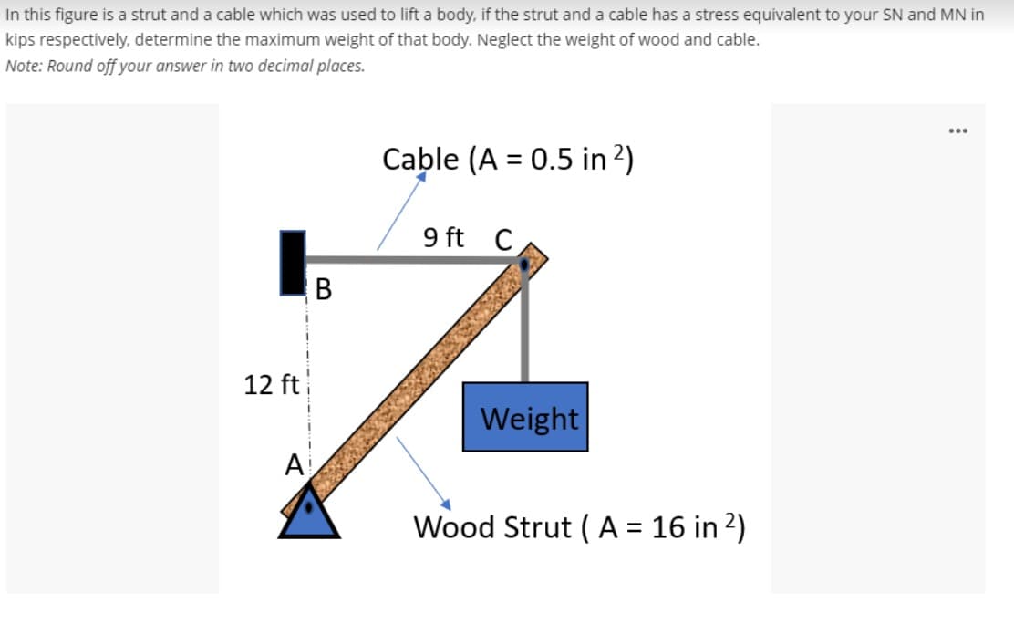 In this figure is a strut and a cable which was used to lift a body, if the strut and a cable has a stress equivalent to your SN and MN in
kips respectively, determine the maximum weight of that body. Neglect the weight of wood and cable.
Note: Round off your answer in two decimal places.
Cable (A = 0.5 in 2)
9 ft C
В
12 ft
Weight
A
Wood Strut ( A = 16 in 2)
