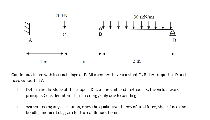 20 kN
30 (kN/m)
B
A
D
1 m
1 m
2 m
Continuous beam with internal hinge at B. All members have constant El. Roller support at D and
fixed support at A.
Determine the slope at the support D. Use the unit load method i.e., the virtual work
I.
principle. Consider internal strain energy only due to bending
Without doing any calculation, draw the qualitative shapes of axial force, shear force and
bending moment diagram for the continuous beam
I.
