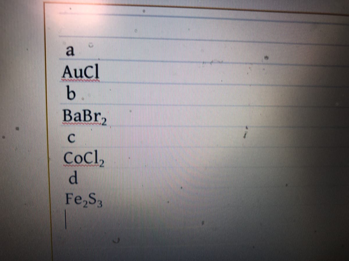 a
Aucl
b.
BaBr,
CoCl,
Fe,S3
