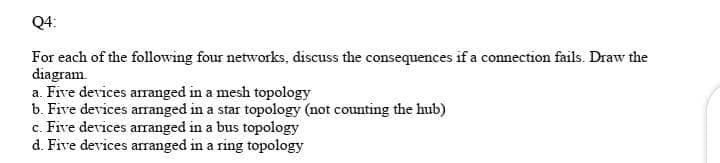 Q4:
For each of the following four networks, discuss the consequences if a connection fails. Draw the
diagram.
a. Five devices aranged in a mesh topology
b. Five devices arranged in a star topology (not counting the hub)
c. Five devices arranged in a bus topology
d. Five devices arranged in a ring topology
