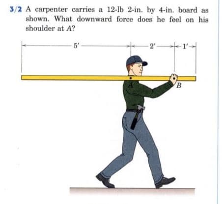 3/2 A carpenter carries a 12-lb 2-in. by 4-in. board as
shown. What downward force does he feel on his
shoulder at A?
5'
-2-

