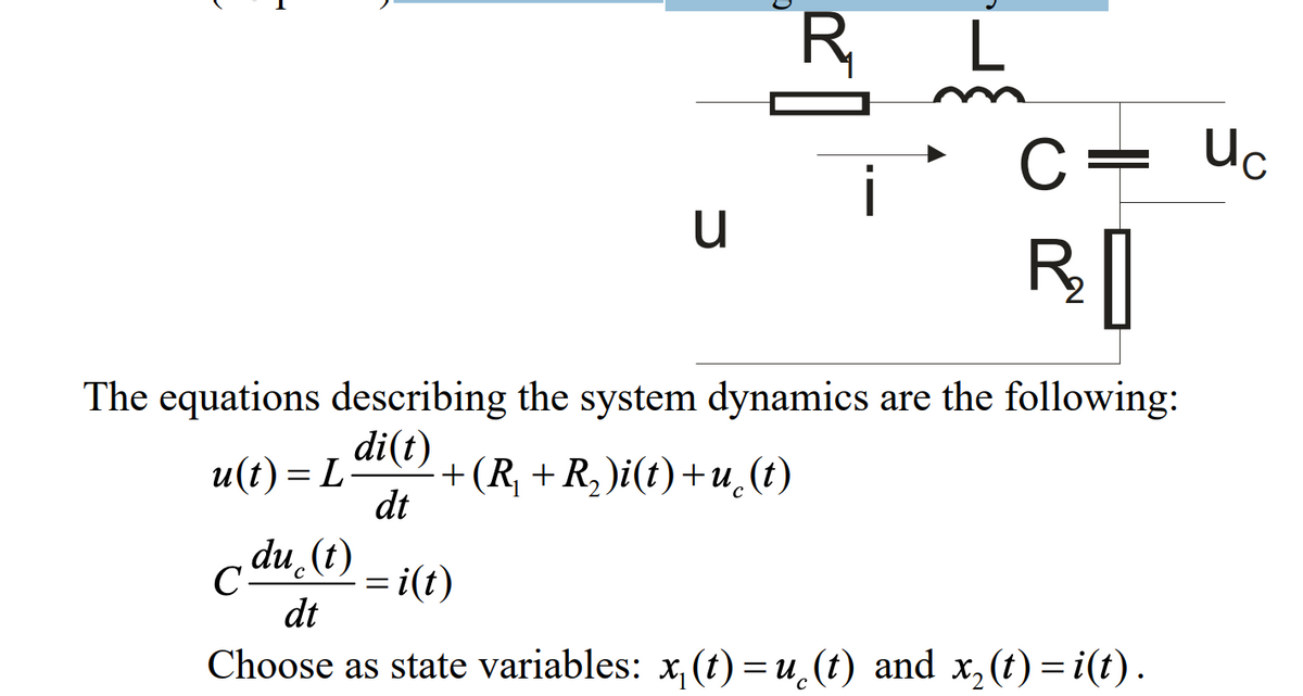 R,
L
C= Uc
R||
The equations describing the system dynamics are the following:
di(t)
+(R + R, )i(t)+u.(t)
dt
u(t) = L
du t) – i(t)
C-
dt
Choose as state variables: x, (t) =u,(t) and x, (t) = i(t) .
