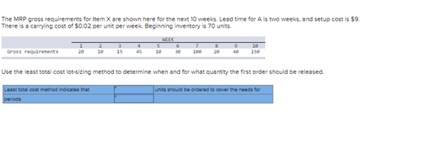 The MRP gross requirements for Item X are shown here for the next 10 weeks. Lead time for A is two weeks, and setup cost is $9.
There is a carrying cost of $0.02 per unit per week. Beginning inventory is 70 units.
Gross requirements
20
2
Least total cost method indicates that
periods
3
15
45
WEEK
18
7
9
30 100 20 48
10
150
Use the least total cost lot-sizing method to determine when and for what quantity the first order should be released.
units should be ordered to cover the needs for